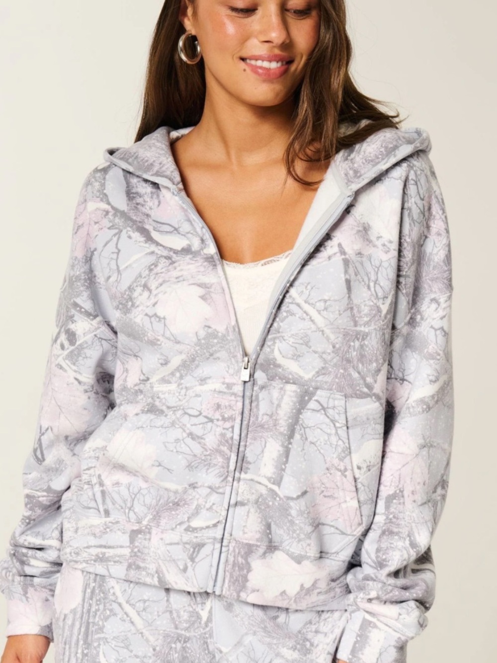 Hollister Full Zip Up Hoodie Camo Light Gray / White